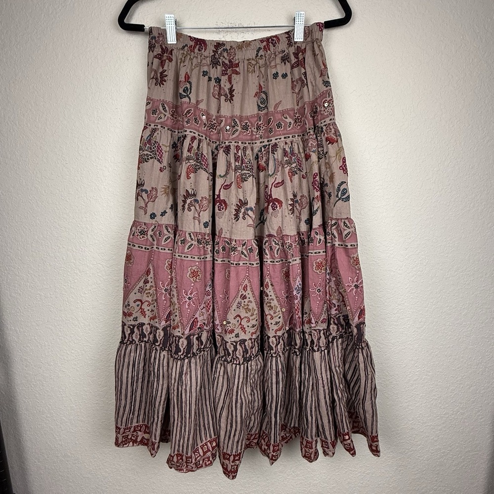 Vtg Phool Womens Maxi Skirt Boho Hippie Tiered Broomstick Festival Peasant Sz S